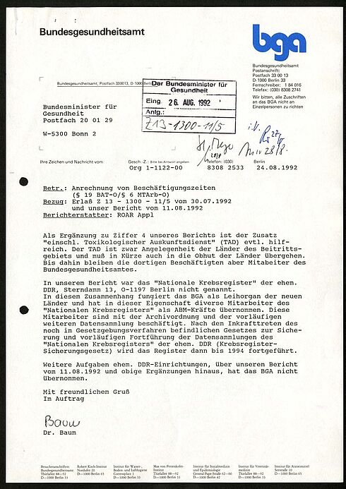 Bericht zur Übernahme der Mitarbeitenden des „Nationalen Krebsregisters“ der DDR als ABM-Kräfte durch das Bundesgesundheitsamt, 1992