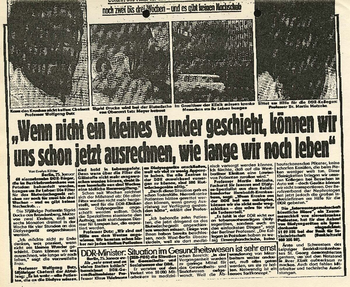 Kopie eines gefaxten Zeitungsberichts mit der Überschrift "Wenn nicht ein kleines Wunder geschiet, können wir uns jetzt schon ausrechnen, wie lange wir noch leben", 1990