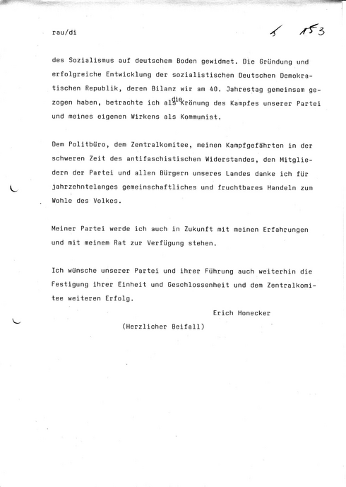Erklärung Erich Honeckers zu seinem Rücktritt auf der 9. Tagung des Zentralkomitees der SED am 18. Oktober 1989, Seite 2