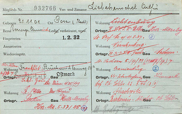 NSDAP-Mitgliederkarteikarte von Arthur Liebehenschel