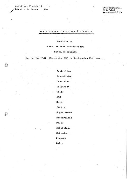 Liste der 16 teilnehmenden Nationen, Organisationskomitee für die Fußballweltmeisterschaft, 01. Februar 1974 maschinenschriftliche Liste mit der Überschrift "Adressenverzeichnis"