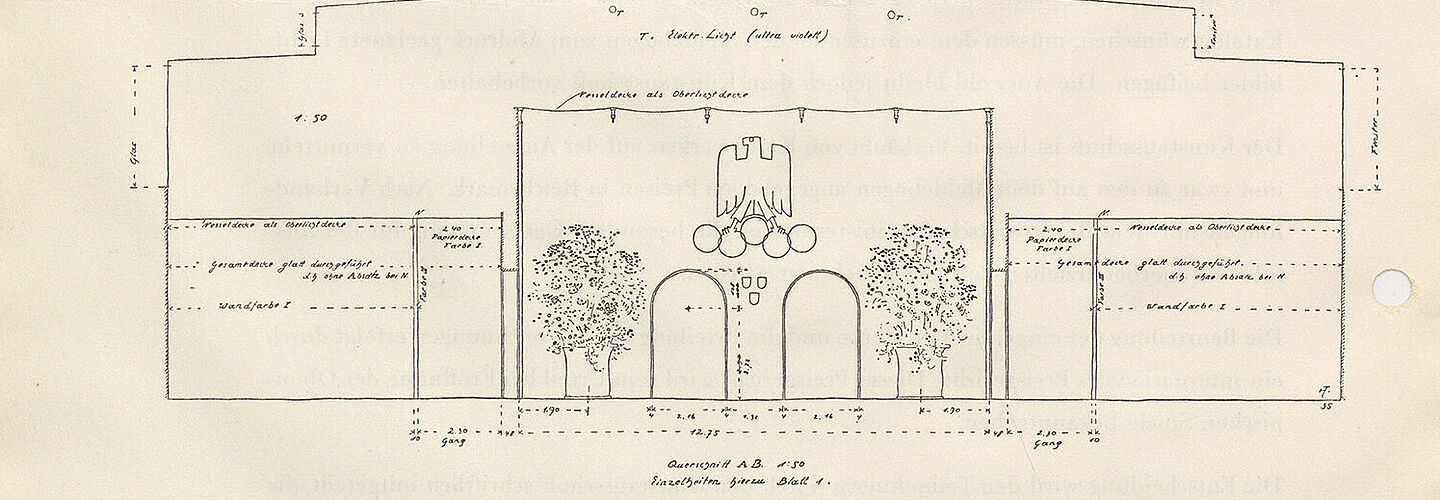 Skizze des Ausstellungsbereich der Olympischen Kunstaustellung in der Deutschlandhalle in Berlin