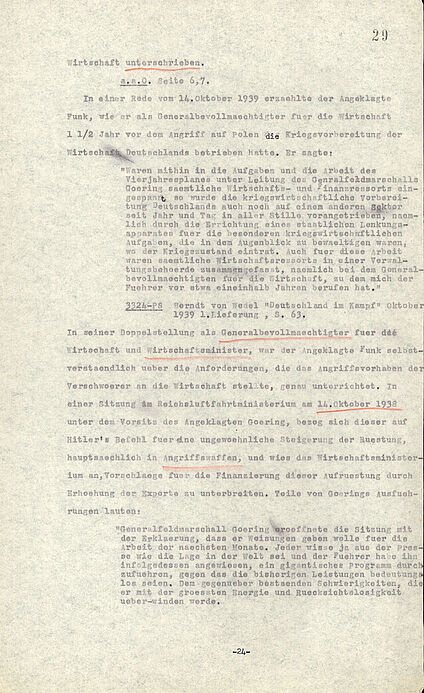 Das Dokument zeigt die Anklageschrift des Internationalen Militärgerichtshofs gegen Walther Funk.