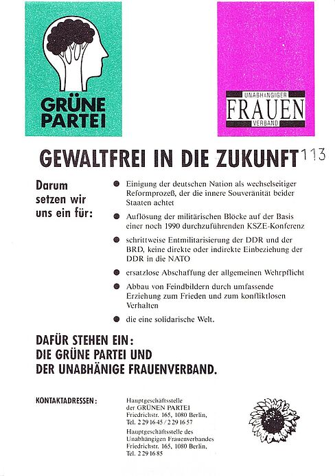 Flugblatt „Gewaltfrei in die Zukunft“ herausgegeben vom Unabhängigen Frauenverband und der Grünen Partei vom März 1990