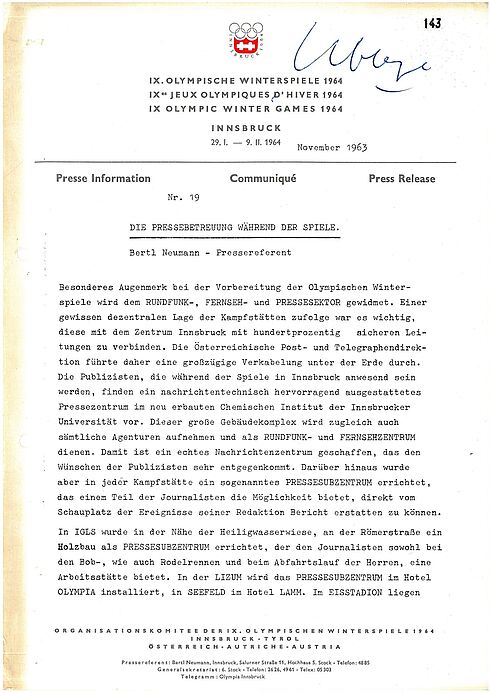 Information des Organisationskomitees für die bestehenden Pressezentren, 1963