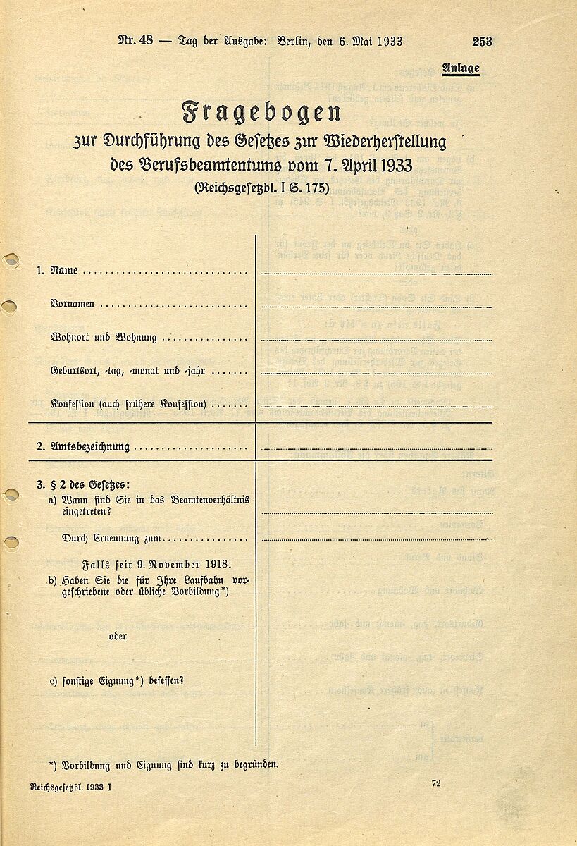 Gesetz Zur Wiederherstellung Des Berufsbeamtentums 7. April 1933: Gesetz zur Wiederherstellung des Berufsbeamtentums