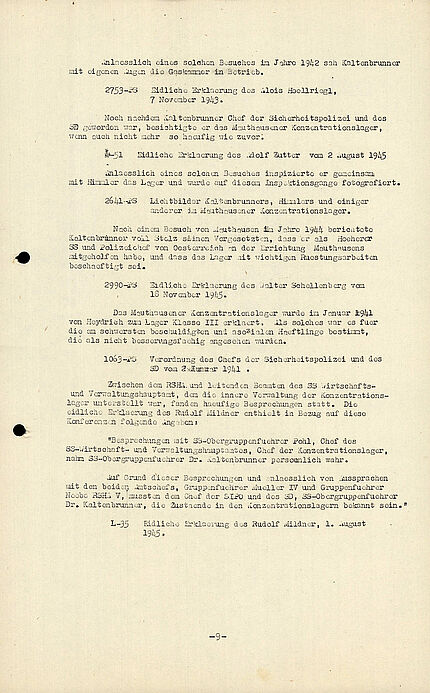 Neunte Seite der Verschriftlichung mit den gesammelten Aussagen gegen Ernst Kaltenbrunner