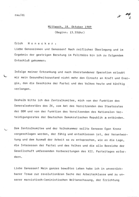 Erklärung Erich Honeckers zu seinem Rücktritt auf der 9. Tagung des Zentralkomitees der SED am 18. Oktober 1989, Seite 1
