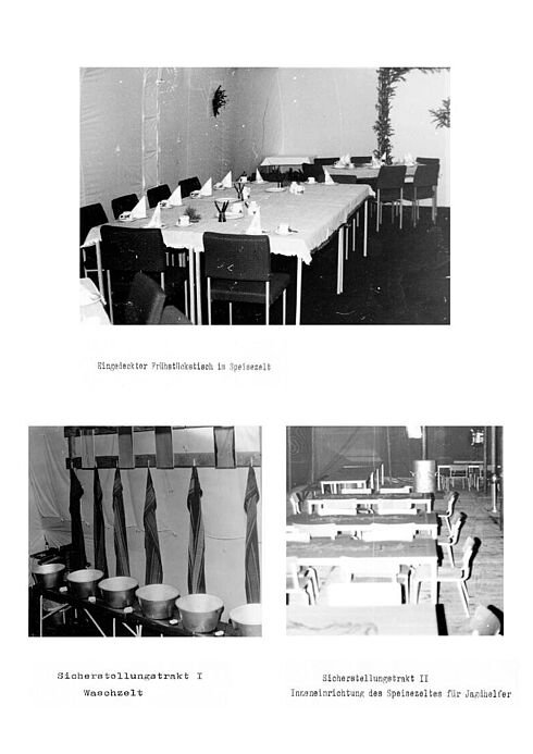 Zwei Schwarz-Weiß-Fotos mit gedeckten Tafeln sowie ein weiteres mit Waschschüsseln auf einem langen Tisch