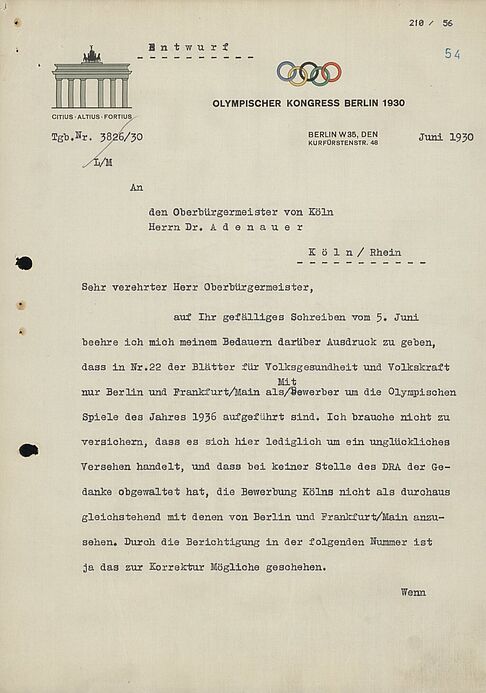 Entwurf für eine Antwort von Theodor Lewald, Präsident des Deutschen Reichsausschuss für Leibesübungen, auf das Schreiben des Kölner Oberbürgermeister Konrad Adenauer
