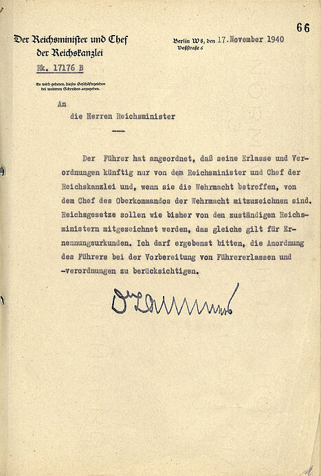 Schriftgut über die Mitzeichnung von Befehlen des „Führers“ - Anordnung, 17. November 1940.