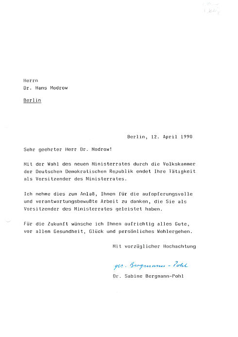 Dankesschreiben von Dr. Sabine Bergmann-Pohl an Dr. Hans Modrow für seine Tätigkeit als Vorsitzender der Volkskammer der DDR