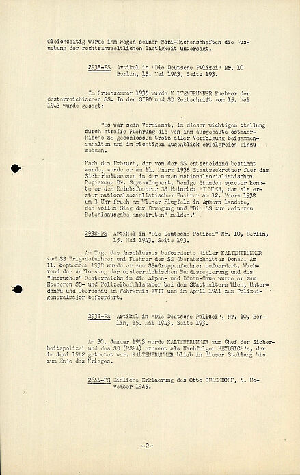 Zweite Seite der Verschriftlichung mit den gesammelten Aussagen gegen Ernst Kaltenbrunner