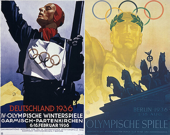 Plakte für die Olympischen Winterspiele (links) in Garmisch-Partenkirchen und Sommerspiele in Berlin 1936