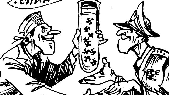 Das Bild zeigt einen Wissenschaftler, wie er ein Reagenzglas, gefüllt mit kleinen Hakenkreuzen, an einen amerikanischen Soldaten übergibt.