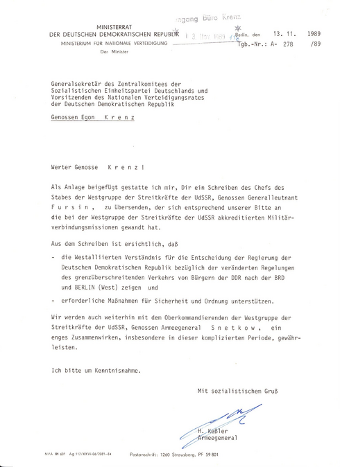 Schreiben des Ministers für Nationale Verteidigung Heinz Keßler an Egon Krenz vom 13. November 1989 zum Fernschreiben (Abschrift) des Chefs des Stabes der Westgruppe der Streitkräfte der UdSSR Generalleutnant Walerij Fursin, Seite 1