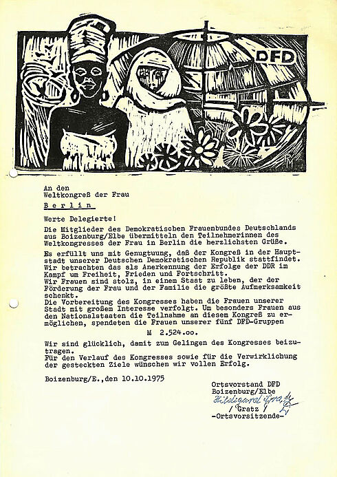 Grußadresse an den Weltkongress der Frau vom Ortsvorstand Deutscher Frauenbund Boizenburg/Elbe