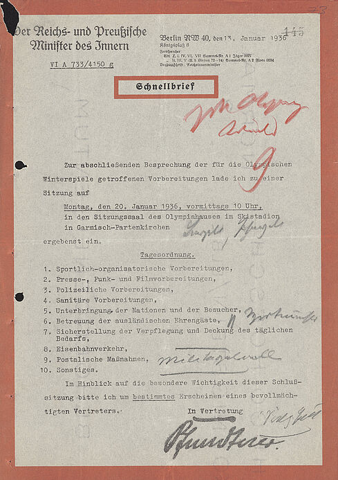 Einladung mit Agenda zur abschließenden Besprechung für die Organisation der Winterspiele am 20. Januar 1936