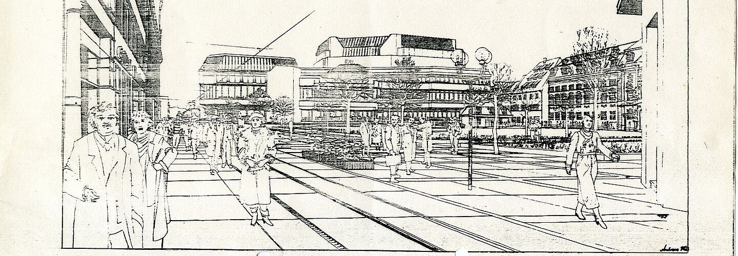 Das Bild zeigt eine Skizze in schwarzer Farbe des Hirschgartens in Erfurt. Im Vordergrund sind Menschen beim Spazieren durch die Stadt zu sehen. Einzelne Bäume und Laternen sind auf den Wegen zu erkennen. Im Hintergrund ist die heutige Staatskanzlei zu erkennen. Auch das Haus der Kultur ist eingezeichnet und ist im Hintergrund zu erkennen.