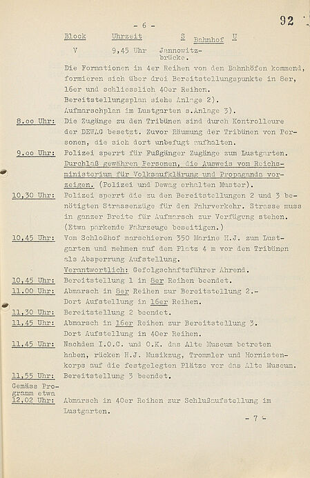 Minutenprogramm des Organisationskomitees für den Eröffnungstag der Olympischen Sommerspiele in Berlin am 1. August 1936 Minutenprogramm des Organisationskomitees für den Eröffnungstag der Olympischen Sommerspiele in Berlin am 1. August 1936