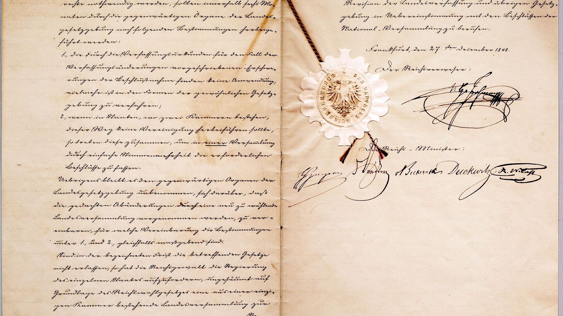 Bild vom Gesetz betreffend die Grundrechte des deutschen Volkes, Frankfurt am Main, 27. Dezember 1848