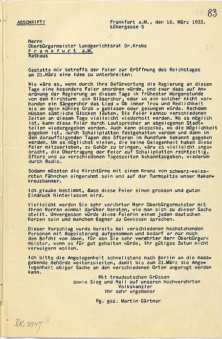 Eingabe des Frankfurters Martin Gärtner, 16. März 1933