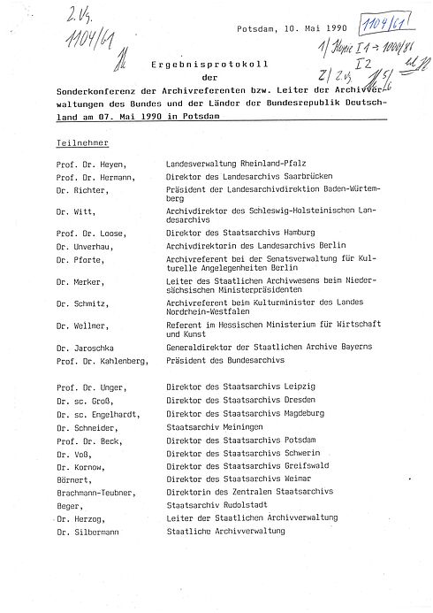 Ergebnisprotokoll der Sonderkonferenz der ARK und der Leiter der Archiverwaltungen des Bundes und der Länder, 1990, Seite 1