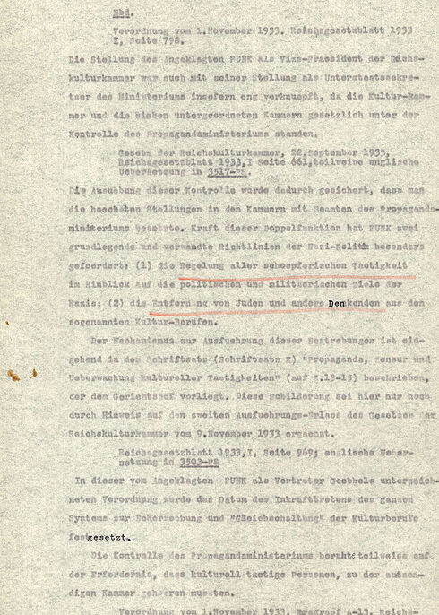 Das Dokument zeigt die Anklageschrift des Internationalen Militärgerichtshofs gegen Walther Funk.