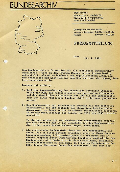 Pressemitteilung  des Bundesarchivs, 1990, Seite 1
