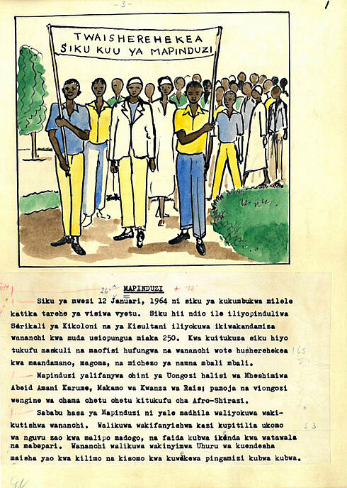 Druckvorlage Seite 1 der „Sansibar-Fibel“ von 1967 Maschinell erstelltes Schriftgut mit Grafik