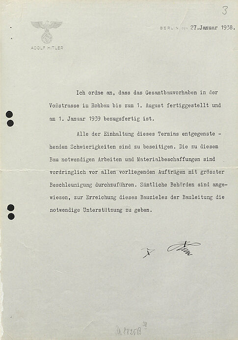 Schriftgut über den Bau der Neuen Reichskanzlei - Erlass Hitlers, 27. Januar 1938.
