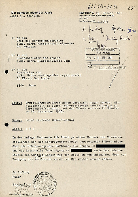 Anschreiben zu einem Dokument des Bundesjustizministeriums über alle bekannten Informationen der Wehrsportgruppe Hoffmann inklusive rechtlicher Maßnahmen gegen die Gruppe.