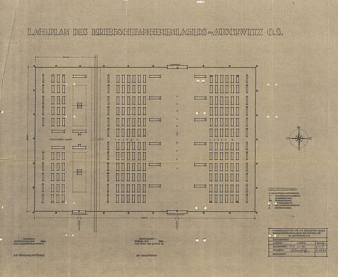 Ursprünglicher Lageplan des KZ Auschwitz mit den einzelnen Barracken und Umzäunung.