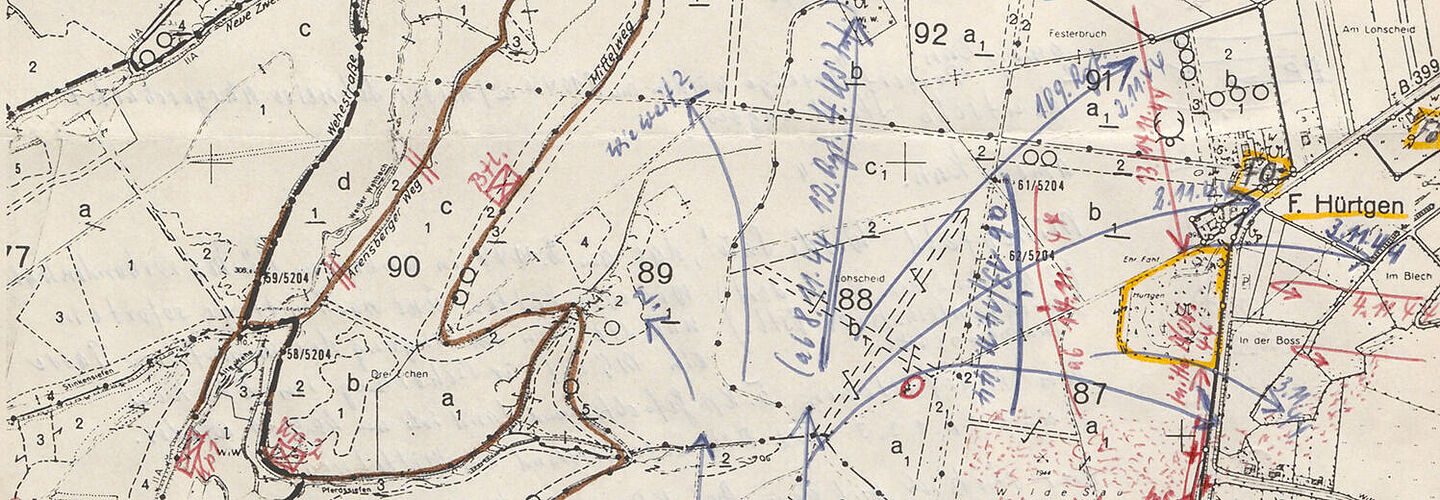 Einsatzkarte zur Schlacht im Hürtgenwald Karte vom Hürtgenwald mit verschiedenfarbigen Markierungen