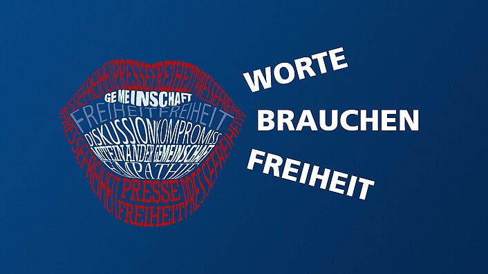 Grafik: ein Mund gestaltet aus Worten wie 'Pressefreiheit', 'Gemeinschaft' und andere. Rechts neben der Grafik steht 'Worte brauchen Freiheit'