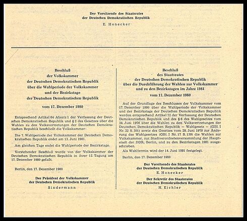 Beschlüsse der Volkskammer und des Staatsrates über die Wahlperiode des Volkskammer und der Bezirkstage vom 17.12.1980