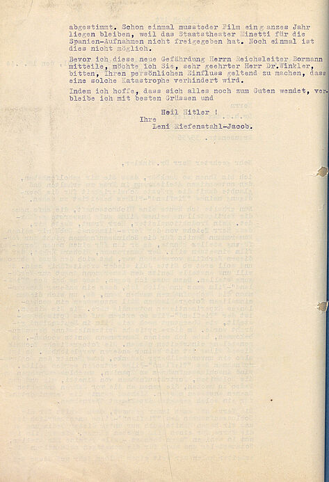 Schreiben Leni Riefenstahls an den Reichsbeauftragten für die deutsche Filmwirtschaft Max Winkler