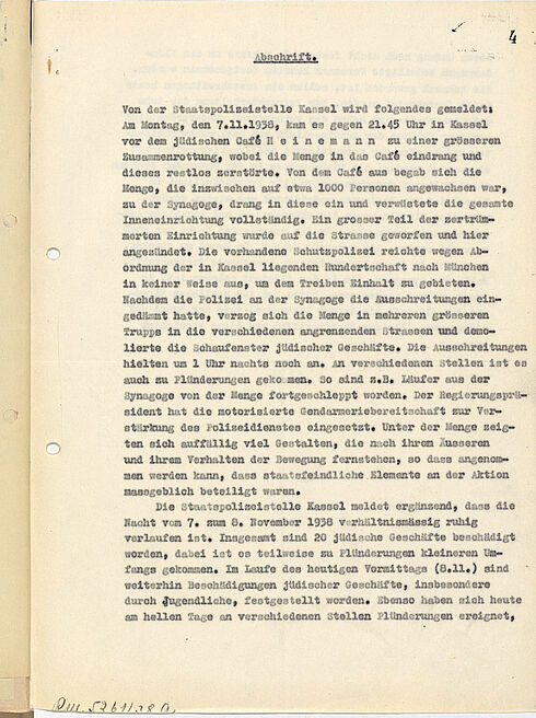 Antisemitische Ausschreitungen in Kassel am 7. und 8. November 1938.- Bericht vom 9. November 1938