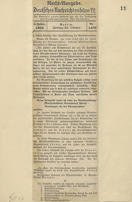 Meldung des Deutschen Nachrichtenbüros vom 23. Oktober 1936 zur Durchführung des Vierjahresplanes und Übertragung dieser Aufgabe an Hermann Göring