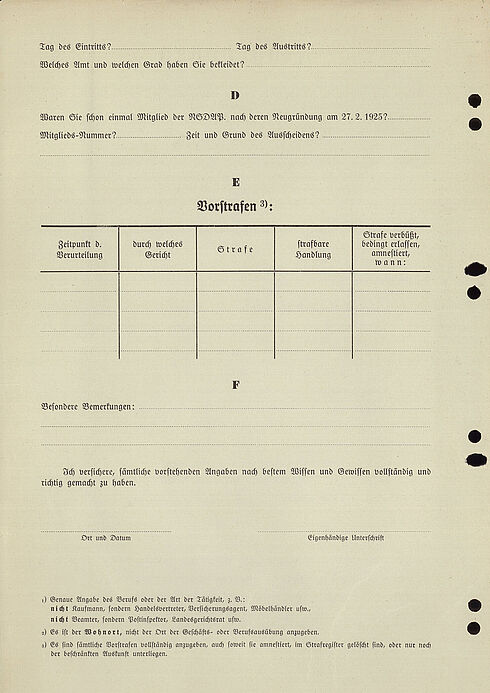 Fragebogen als Anlage zum Antrag auf Aufnahme in die NSDAP