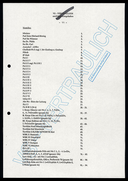 Maschinengeschriebenes Dokument mit den Hinweisen „VS-Vertraulich“ und „VS-Einstufung aufgehoben“