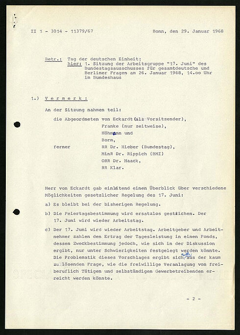 Erste Seite eines Vermerks des Regierungsrats Klar im Bundesministerium für gesamtdeutsche Fragen vom 29. Januar 1968
