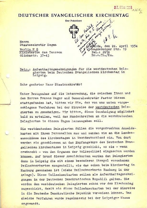Aufenthaltsgenehmigung für westdeutsche Delegierte, 24. April 1954, Seite 1