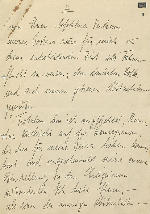 Zweite Seite eines 21-seitigen Briefes in Handschrift auf unliniertem Papier