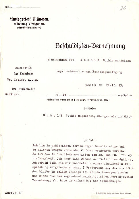 Protokoll der Beschuldigtenvernehmung von Sophie Scholl vom 21.2.1943