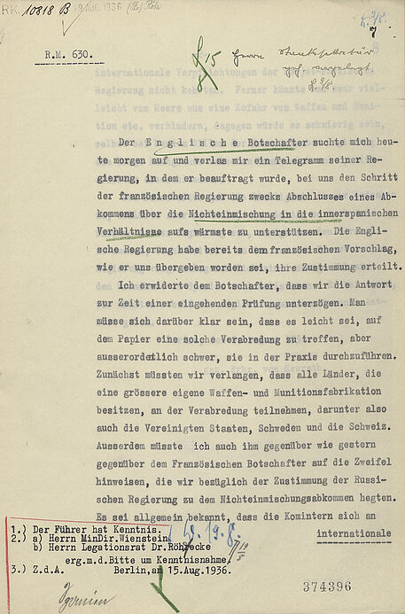 Schreiben mit Maschinentext, handschriftlichen Vermerken und farbigen Unterstreichungen