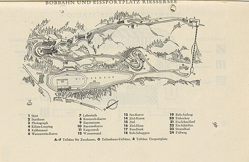 Zeichnung der Bobbahn aus einem Programmheft zu den Olympischen Spielen, herausgegeben vom Organisationskomitee