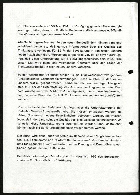 Zweite Seite der Pressemitteilung zur Sicherstellung der Trinkwasserqualität in den neuen Bundesländern, 1992