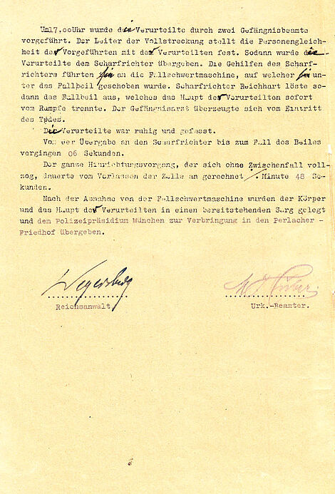 Protokoll über die Vollstreckung des Todesurteils des Volksgerichtshofes an Sophie Scholl