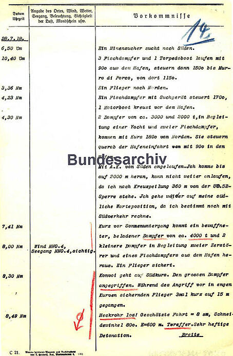 Seite 14 des Kriegstagebuchs von Karl Dönitz, dem Kommandeur des U-Boots "U.C. 25" im Ersten Weltkrieg. Verzeichnet sind Vorkommnisse bei U-Boot-Einsätzen, dazu Ort, Zeit und Wetterbedingungen. 